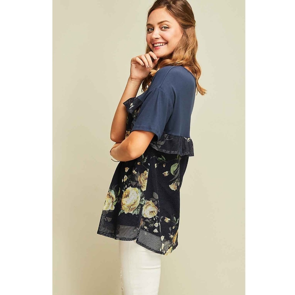 Navy Floral Mesh Ruffle Top - Picture 1 of 8